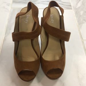 Brown suede peep toe heels